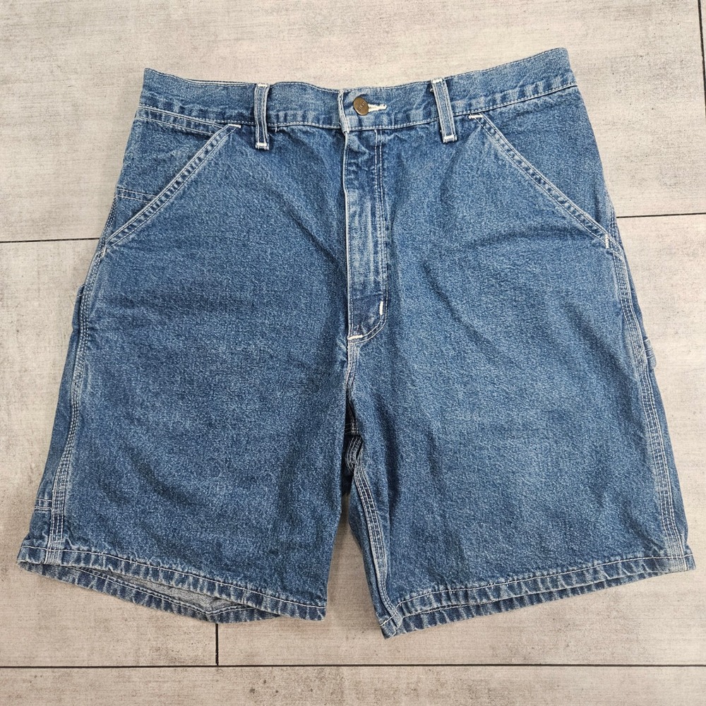 Vintage Carhartt B28 DST Mens Blue Denim Carpenter Shorts Hammer Loop Size 34